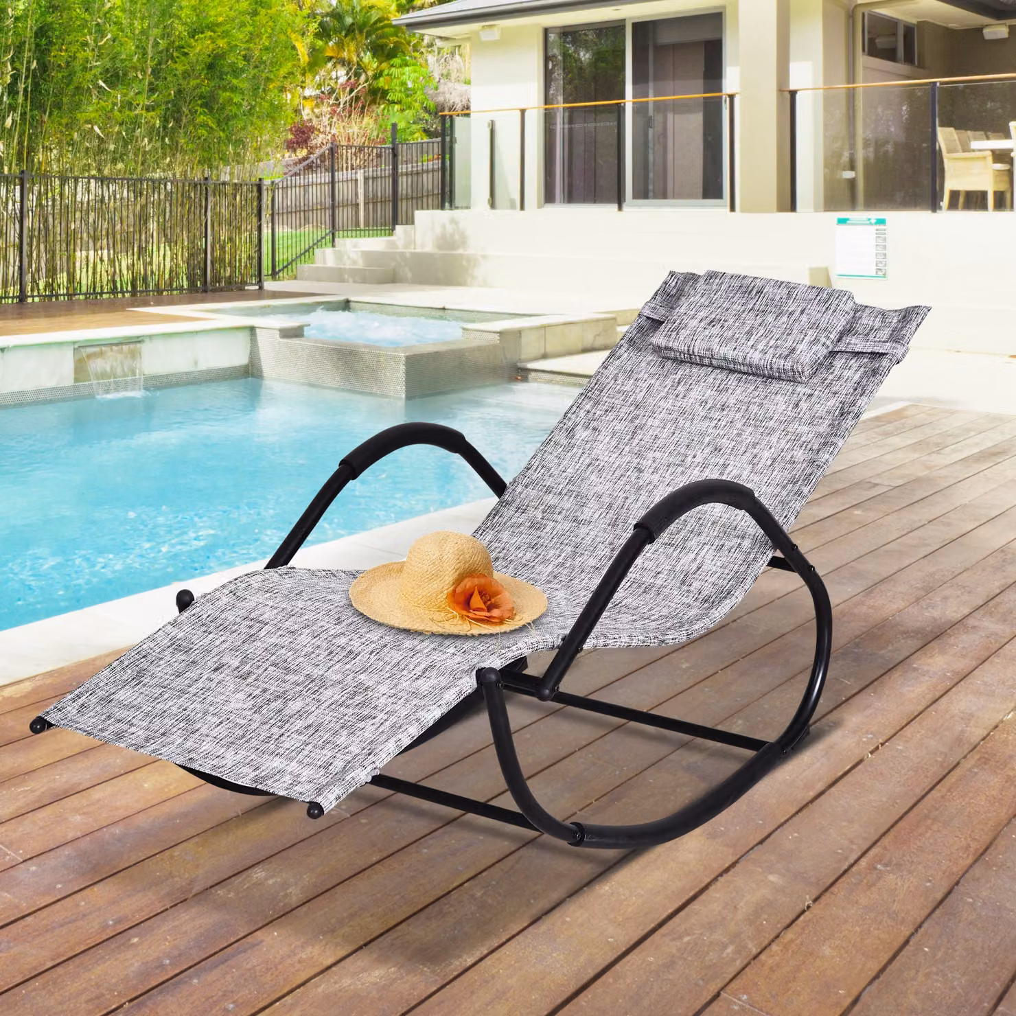 Outsunny Grey Textilene Zero Gravity Rocking Lounge Chair with Padded Pillow and Adjustable Headrest – 2