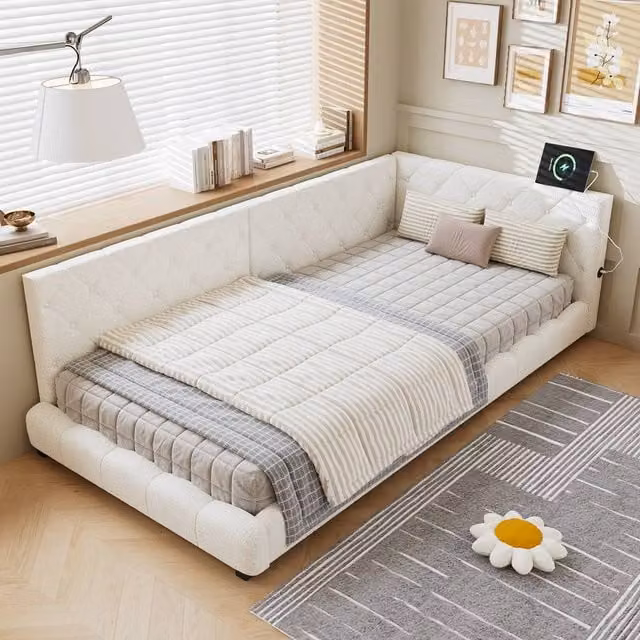 Rolipo Single Upholstered Bed in Beige Boucle, W/D/H: 90 x 190 x 66 cm