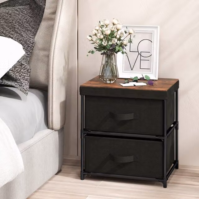 COSTWAY Minimalist Black 2 Drawer Bedside Nightstand