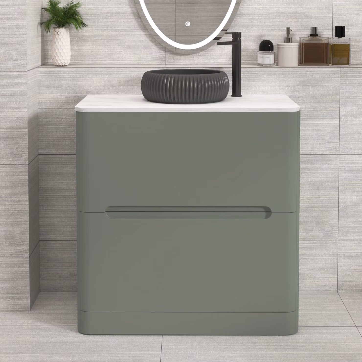 Royal Bathrooms Venice 2 Drawer Floor Standing Vanity Unit in Sage Green with Carrara White Undrilled Worktop