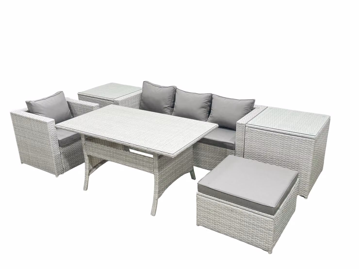 Fimous 5 Seater Rattan Garden Furniture Dining Set with Lounge Sofa, Chairs, Dining Table and Footstool in Light Grey – 2