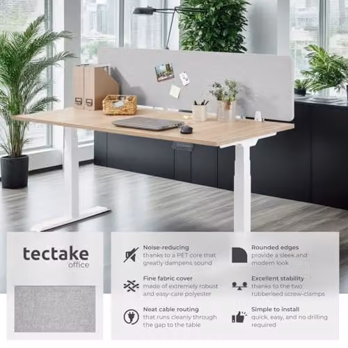 tectake Grey Sound-Absorbing Desk Divider with Plastic Core, W: 160 cm, H: 40 cm – 2