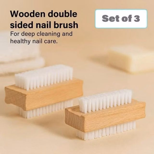 NESTLUNE 3-Piece Double Sided Firm Wooden Nail Brush Set in Brown, W/D/H: 15 x 15 x 15 cm