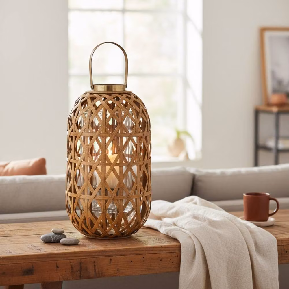 Four Candle Small Oval Bamboo Decorative Lantern in Brown, H 45 cm x W 26 cm x D 26 cm – 2