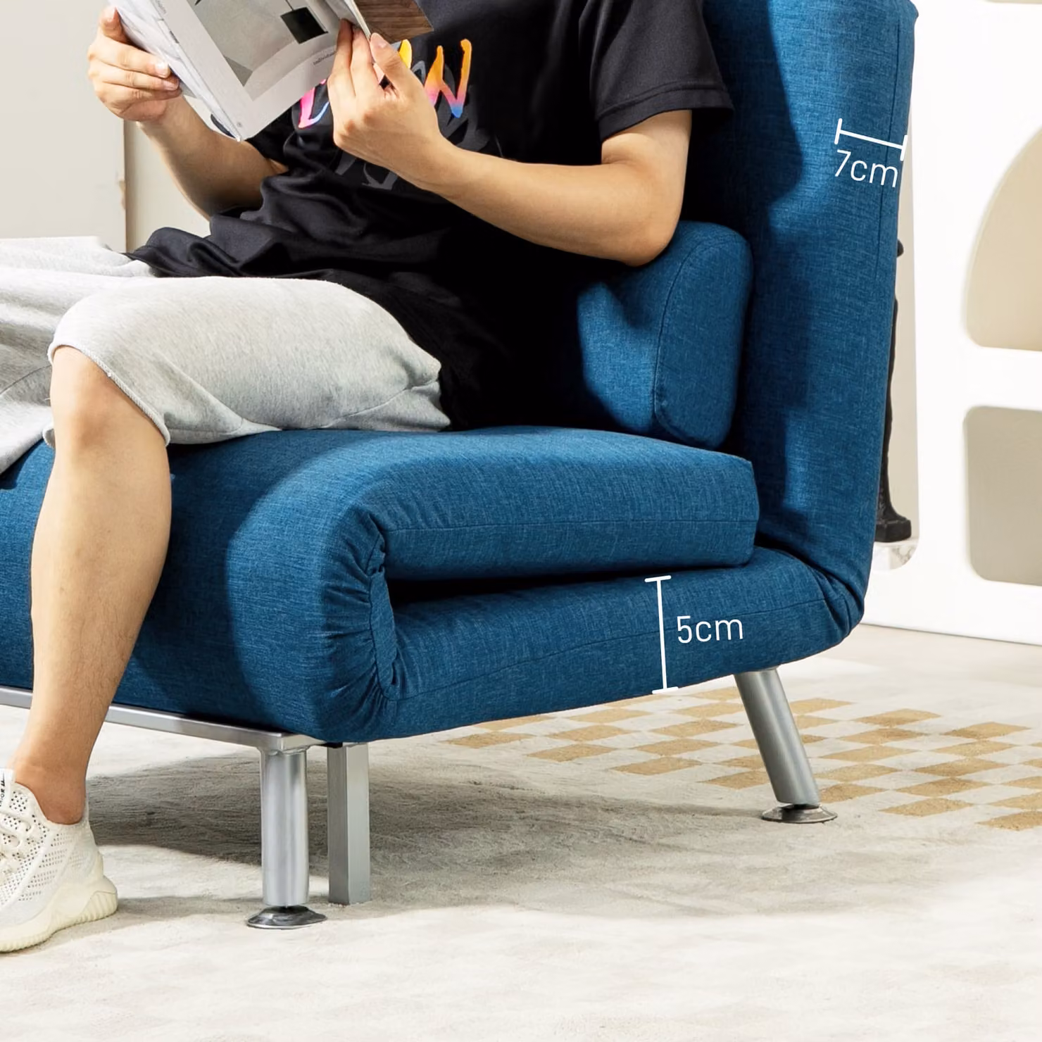 HOMCOM Single Sofa Bed with Pillow, Blue Cat Scratch Resistant Fabric Foldable Lounge Sleeper – 6
