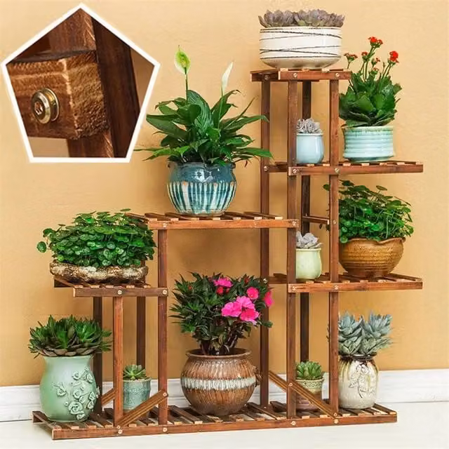 EONLION 5-Tier Solid Pine Wood Plant Stand and Flower Pot Shelf, Brown, H 95 x W 95 x D 25 cm