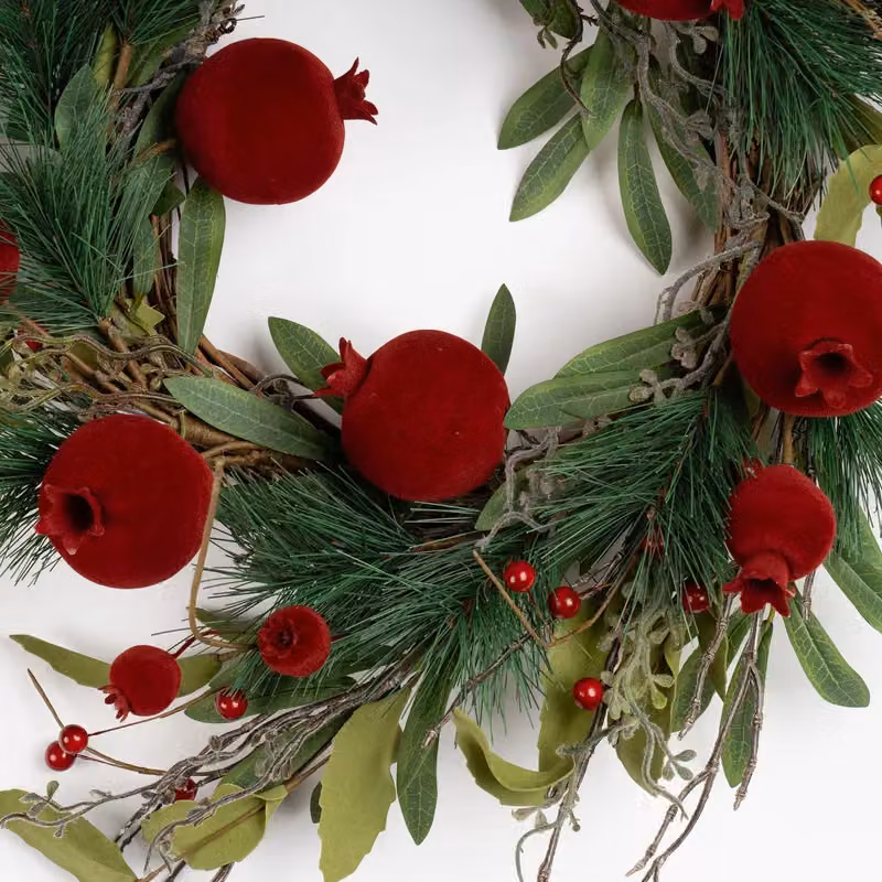 Scottish Everlastings Ltd Red and Green Pomegranate Wreath with Leaves and Flowers, Diameter: 45 cm – 3