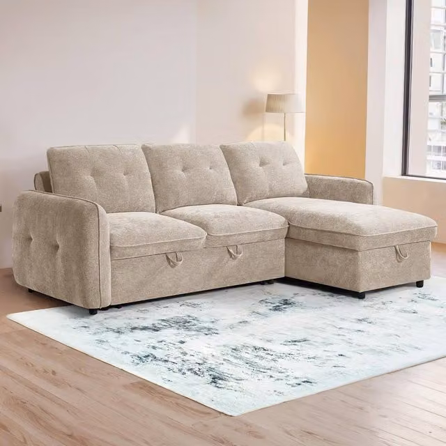 Furnishings For Less UK Seattle L Shaped 4 Seater Fabric Corner Sofa Bed in Beige, W: 236 cm x D: 89 cm x H: 97 cm