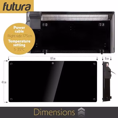 Futura 2000W Black Glass Electric Convector Panel Heater, Wall Mounted or Freestanding with Thermostat and Open Window Detection – 5