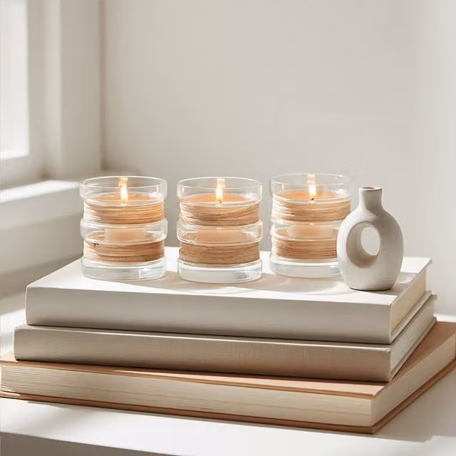 Orsina Set of 3 Round Glass and Rattan Tealight Holders in Beige, Brown and Transparent