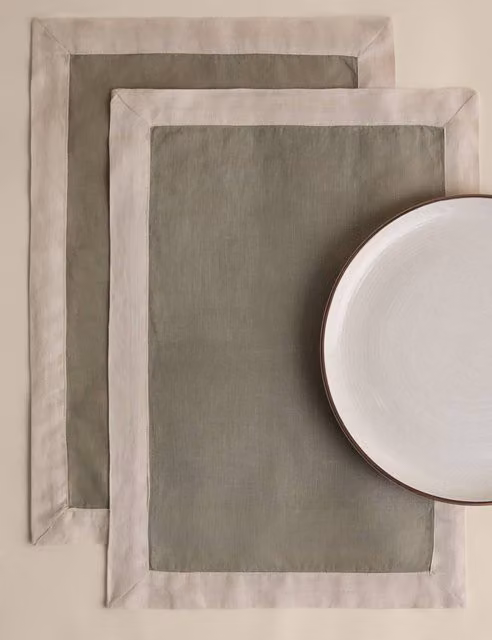 M&S Set of 2 Plain Rectangular Pure Linen Edge Placemats in Green