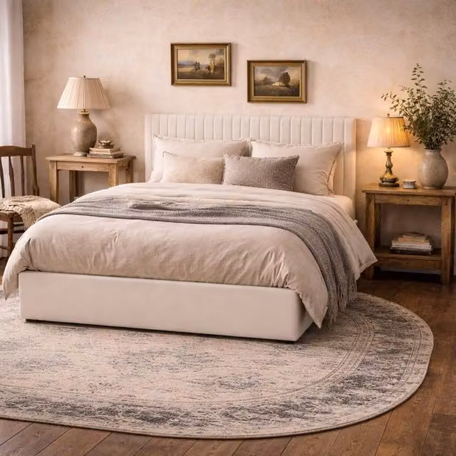 Wyld Haus Dublin 5ft King Ottoman Bed in Beige with Tall Ribbed Upholstered Headboard, W/D/H: 168.5 x 180 x 213 cm