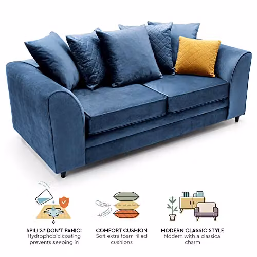 Abakus Direct Chicago 3 Seater Sofa in Dark Blue with Spill-Proof Velvet Fabric, W/D/H: 180 x 89 x 78 cm – 4