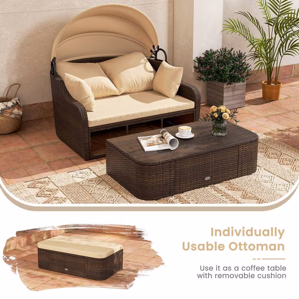 Costway Modern PE Rattan Patio Daybed with Retractable Canopy in Beige – 8