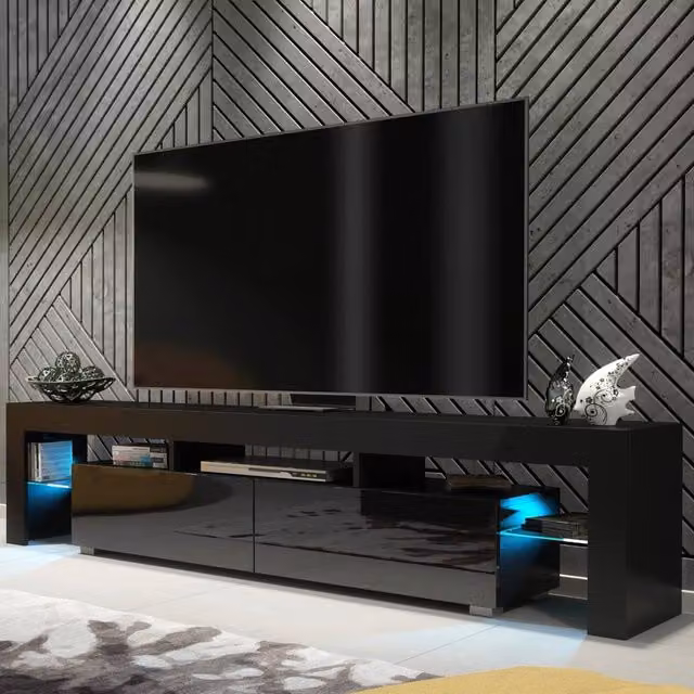 Mex Furniture LTD Nova TV Unit in Black with Glossy Doors and LED Lights, W: 200 cm, H: 45 cm, D: 35 cm – 1