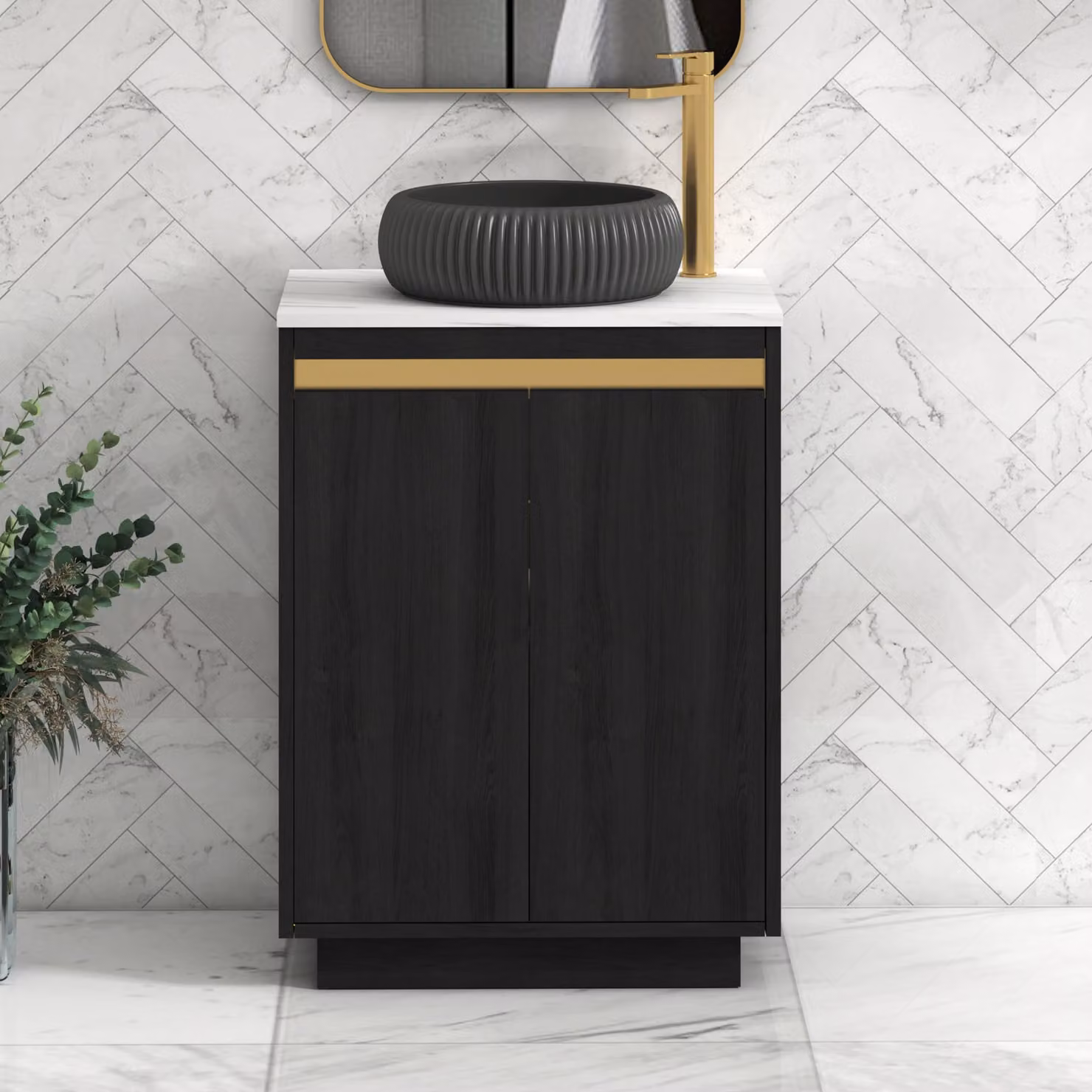 Royal Bathrooms Orion 600mm Hale Black Floor Standing 2 Door Vanity Unit with Milan Black Basin and Carrara White Countertop and Brushed Brass Accent Trim