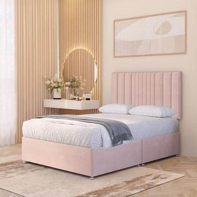 Somnior Beds Ltd Arizona Plush Velvet Orthopaedic Divan Bed Set with Hybrid Mattress and Headboard, Pink, W/D/H: 180 x 200 cm