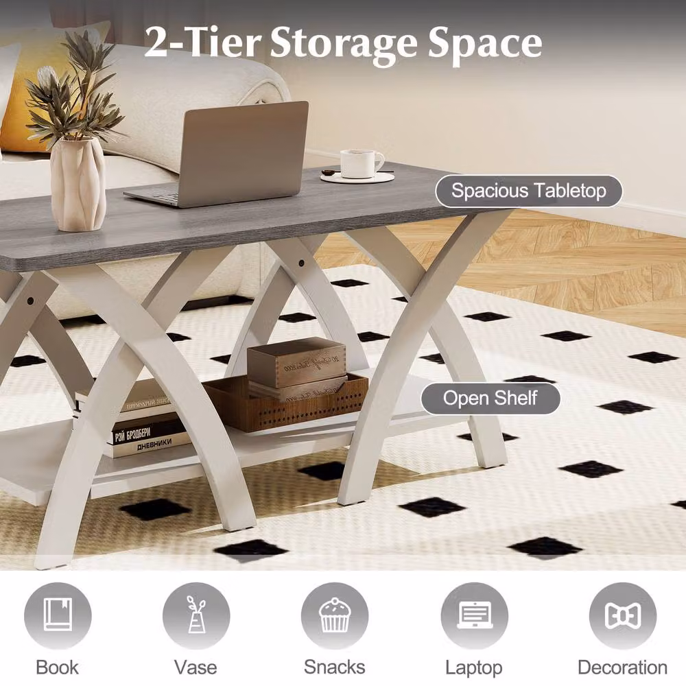 Gymax White Farmhouse Wooden Accent Coffee Table with Storage Shelf – 5