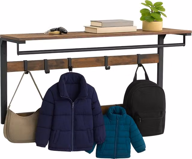 Innoteck Industrial Wall Mounted Coat Rack with 10 Hooks and Shelf in Brown and Black