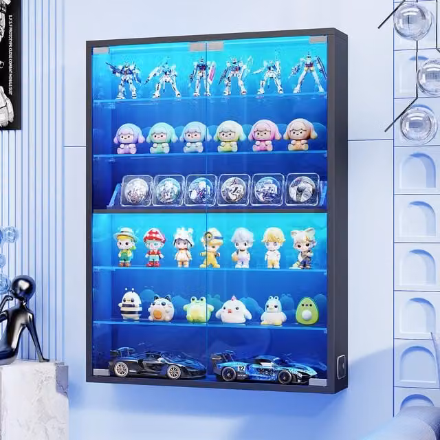 BROTTAR Black 6-Tier Wall Mounted Display Case with Glass Doors and Integrated LED Lighting