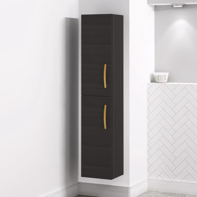 Royal Bathrooms Modern Turin Charcoal Oak 2-Door Wall Hung Tall Boy Cabinet Unit with Brushed Brass Handles