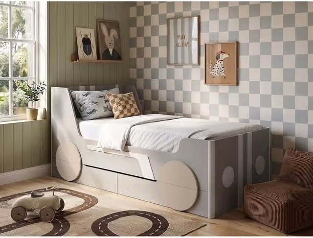 Flair Upholstered Single Childrens Car Bed with Drawers in Grey and Beige, 90 x 190 cm