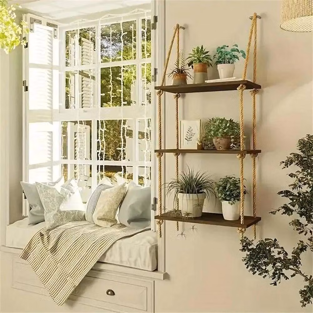 KORVIXA 3-Layer Bohemian Handmade Woven Hanging Wall Shelves in Brown – 2