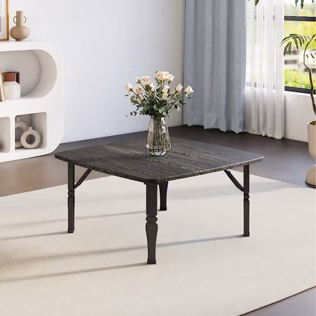 Komore Black Square Foldable Coffee Table with Wood Grain Finish W/D/H: 70 x 70 x 70 cm