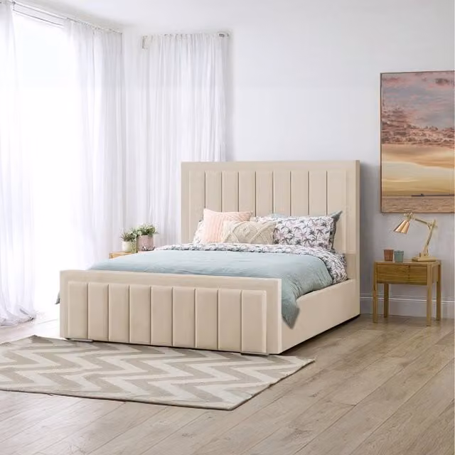 Desire Deco Alondrea Upholstered Panel Bed in Yellow and Beige Velvet, W/D/H: 120 x 200 cm
