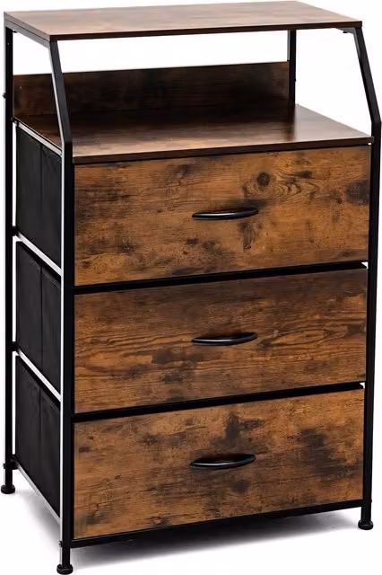 Costway 3 Drawer Dresser with Top Shelf, Brown Industrial Foldable Drawer Chest Cabinet