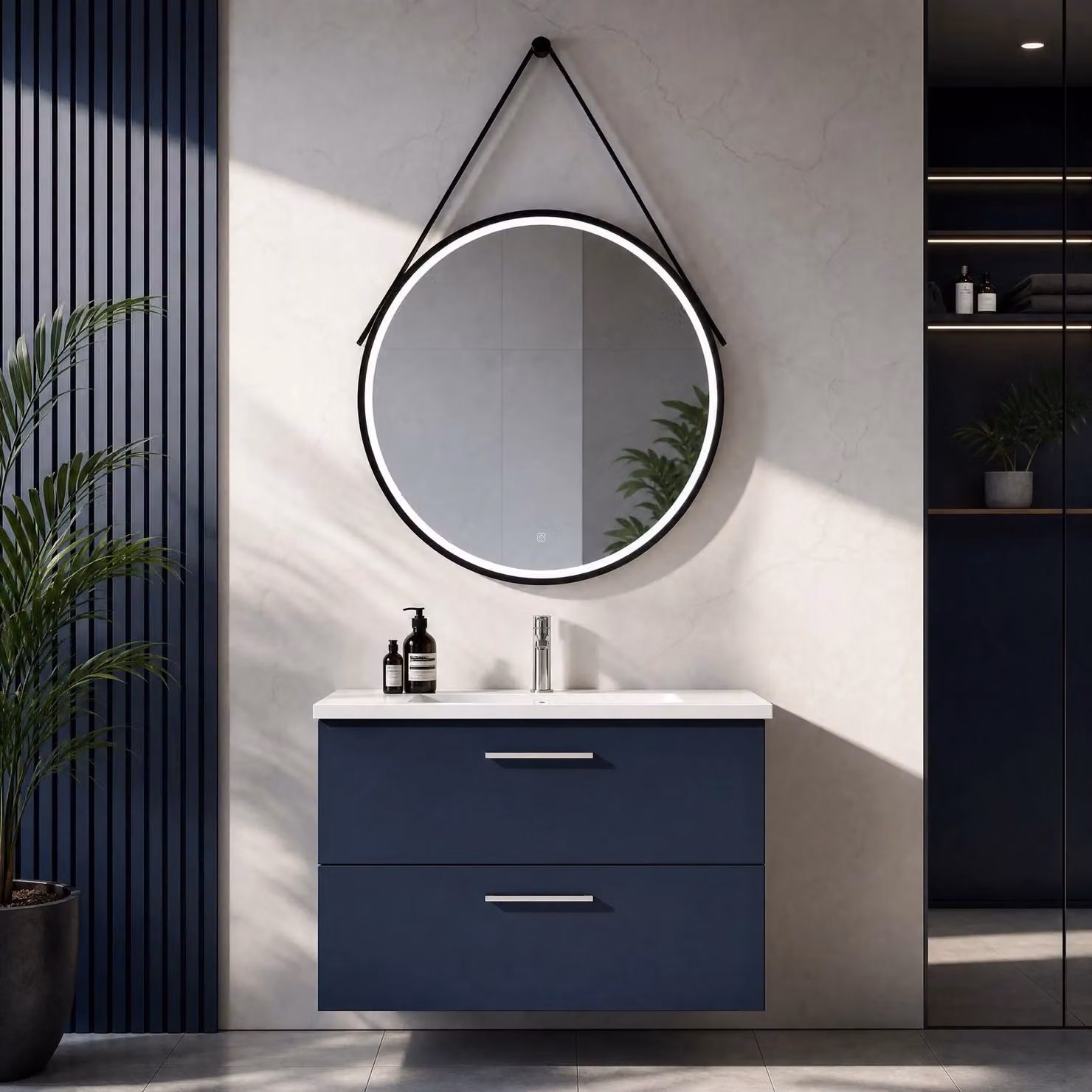 Balterley Round LED Bathroom Mirror with Demister and Hanging Strap, Black, Diameter: 80 cm – 5