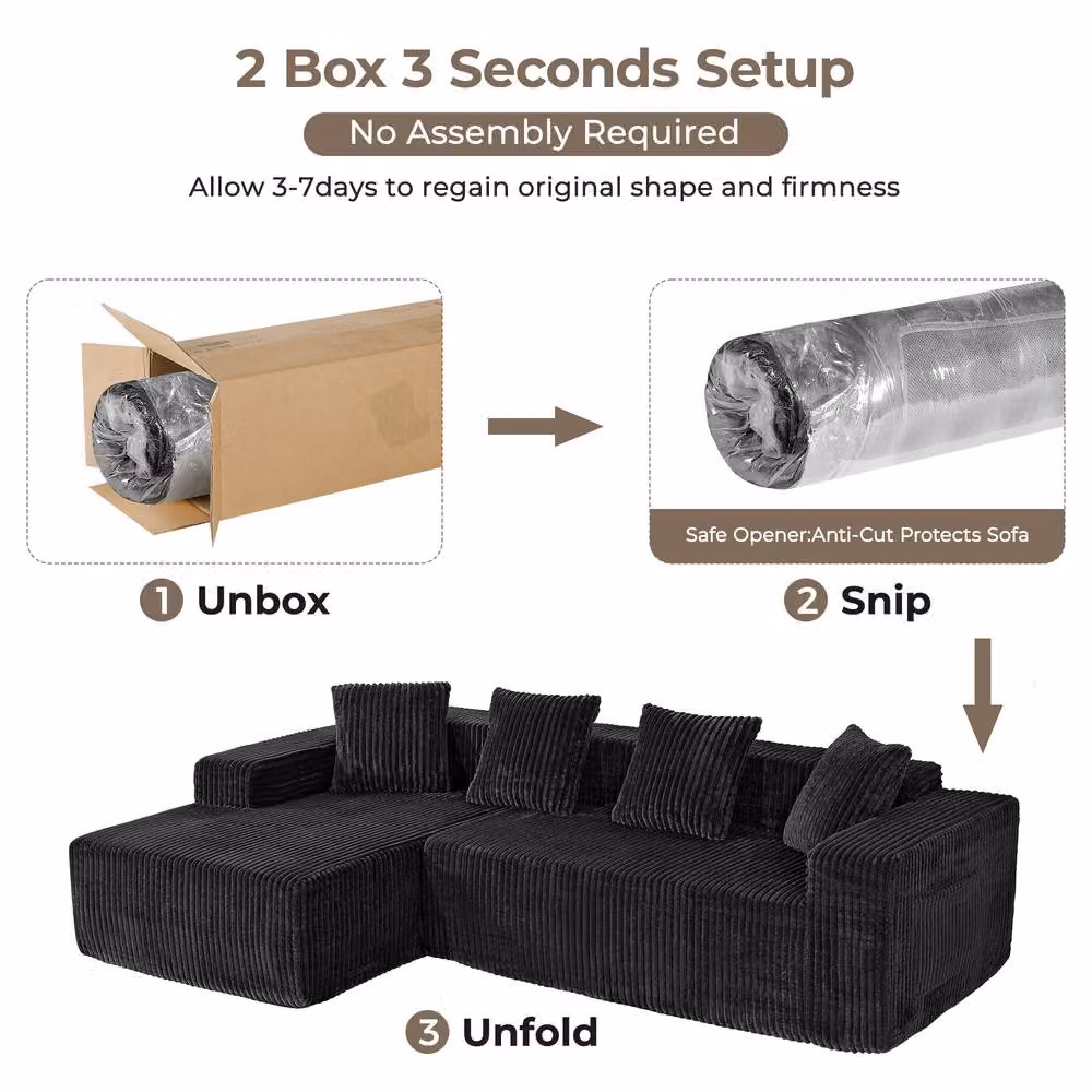 Dprodo 4 Seater Modular Left L-Shaped Sectional Sofa in Black Velvet Cord Fabric, Width: 261 cm – 7