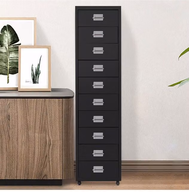 Living and Home 10 Drawer Metal Mobile Filing Cabinet in Black