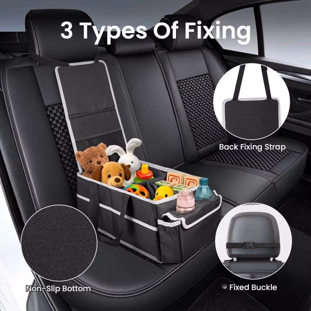 FLAVORA Foldable Front Car Organiser with Dividers and Cup Holders, Black, Width: 50 cm – 5