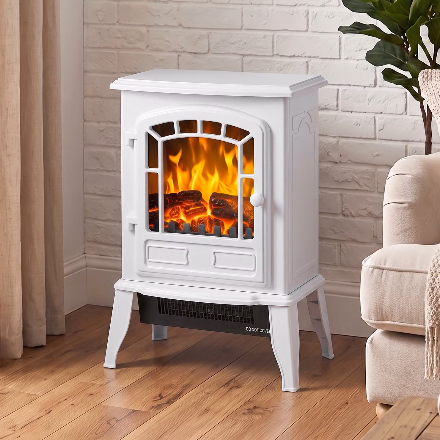 HOMCOM White Freestanding Electric Fireplace Stove with LED Flame Effect and Adjustable Thermostat, 2000W – 6
