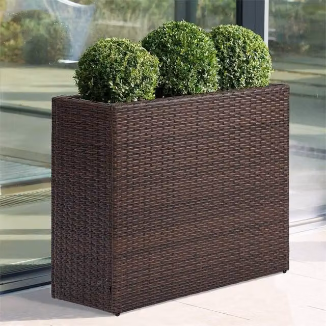 NESTLUNE Brown Large Rectangular Rattan Outdoor Floor Standing Planter Tub