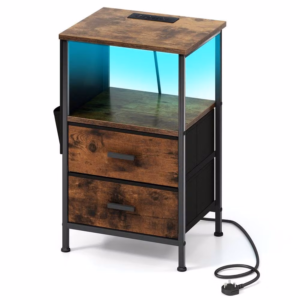 Gymax Brown Industrial Nightstand End Table with Charging Station, 2 Drawers and Integrated LED Lights – 8