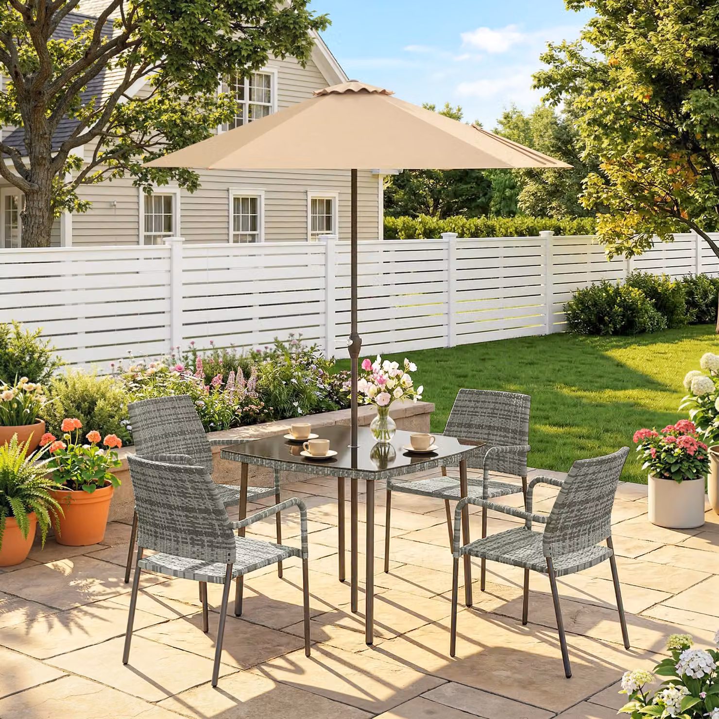 Outsunny 6 Piece Grey Polyrattan 4 Seater Garden Dining Set with Parasol and Tempered Glass Tabletop – 2