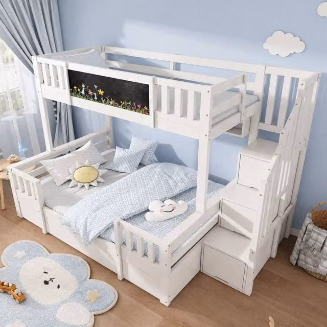 Merax Single Over Double Bunk Bed with Storage Stairs and Chalkboard in White