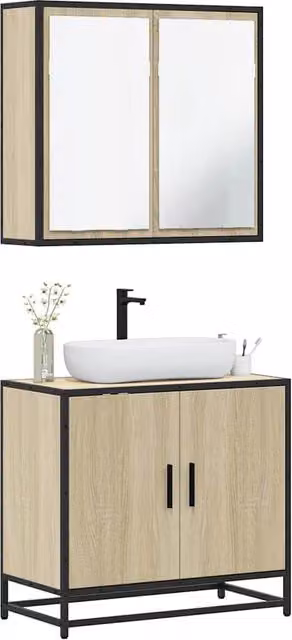 Berkfield Home 2 Piece Industrial Bathroom Furniture Set in Sonoma Oak and Brown, featuring a Vanity Unit and Mirror Cabinet
