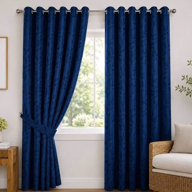 Luxury Living Jacquard Leaf Ring Top Curtains in Blue, Width: 117 cm, Drop: 183 cm – 1