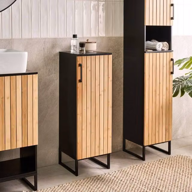 Wyld and Coco Bamboo Bathroom Cabinet with Matte Black Frame in Brown, W/D/H: 90 x 30 x 30 cm