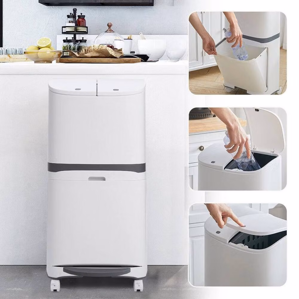 PAWNORA 2 Tier Mobile Recycling Bin with Pedal, 48L, White – 5