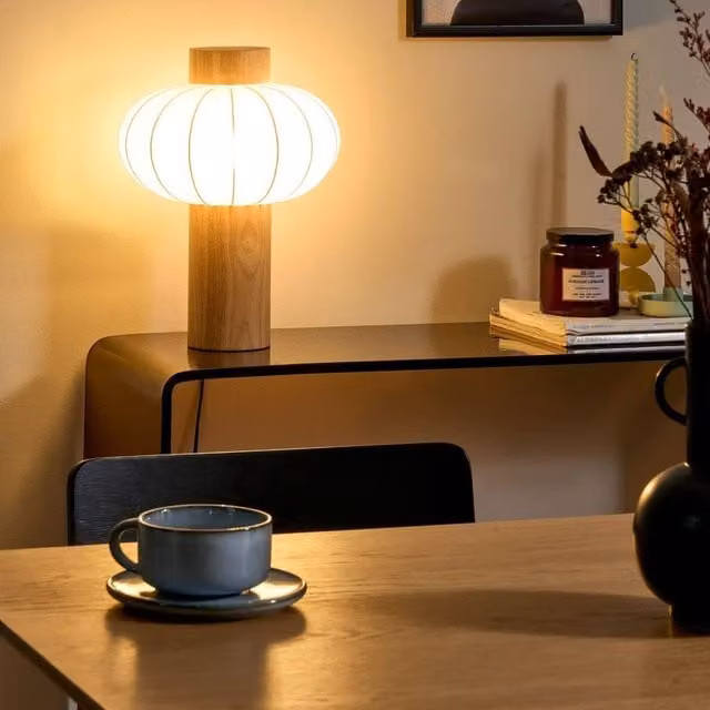 Wyld and Coco Round Table Lamp in Brown and White Wood