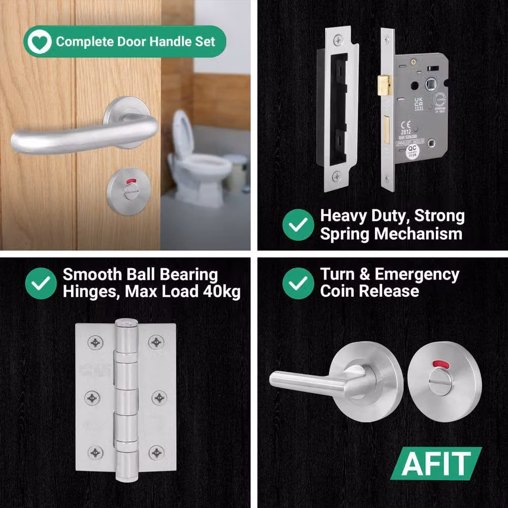AFIT Satin Stainless Steel Return to Door Handles with Bath Lock and 80mm Hinges in Silver, W x H: 150 x 150 mm – 3