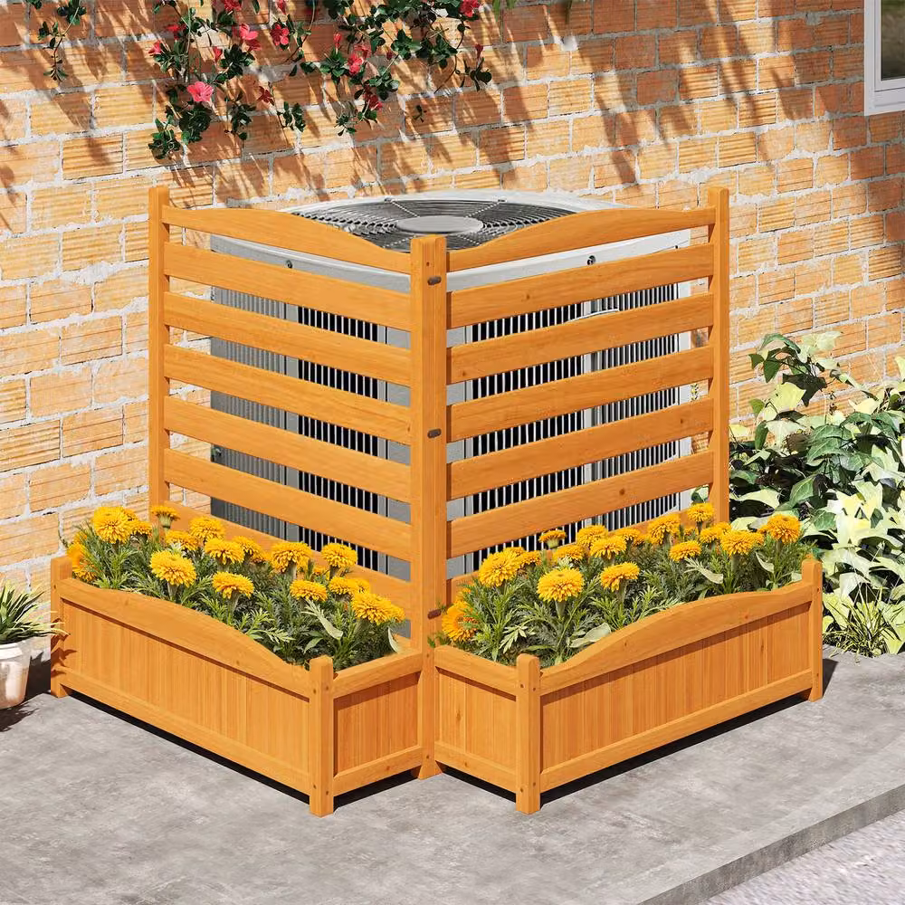 Gymax 2-Panel Wooden Privacy Screen with Planter Box Air Conditioner Fence, Brown, H: 170 cm, W: 101 cm, D: 2 cm – 5