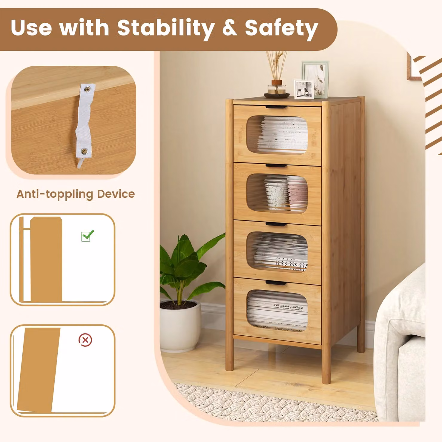 Costway 4-Drawer Bamboo Storage Cabinet with Tempered Glass Drawers in Natural Sand Finish – 4