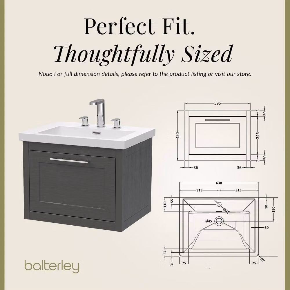 Balterley Blithbury 1 Drawer Vanity Basin Unit in Dark Grey Woodgrain, W: 60 cm, D: 45 cm, H: 60 cm – 4