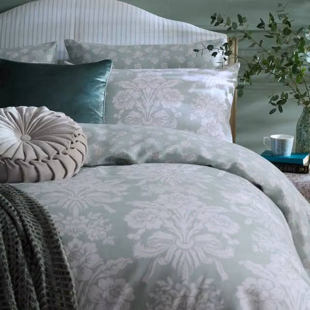 Laura Ashley Tatton Housewife Pillowcase in Duckegg Green Cotton Mako Satin with Floral Design