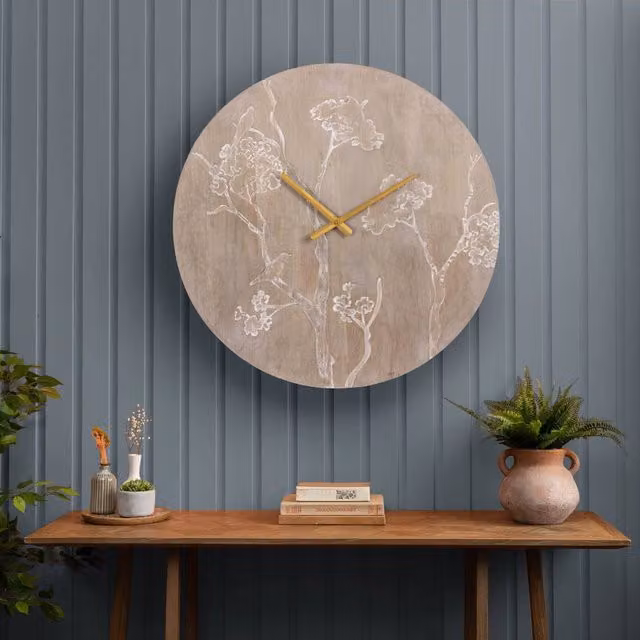 Voyage Maison Paloma Round Floral Wooden Wall Clock in Brown and Beige